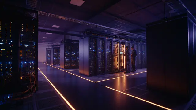 A modern data center interior with glowing server racks representing AI compute infrastructure.