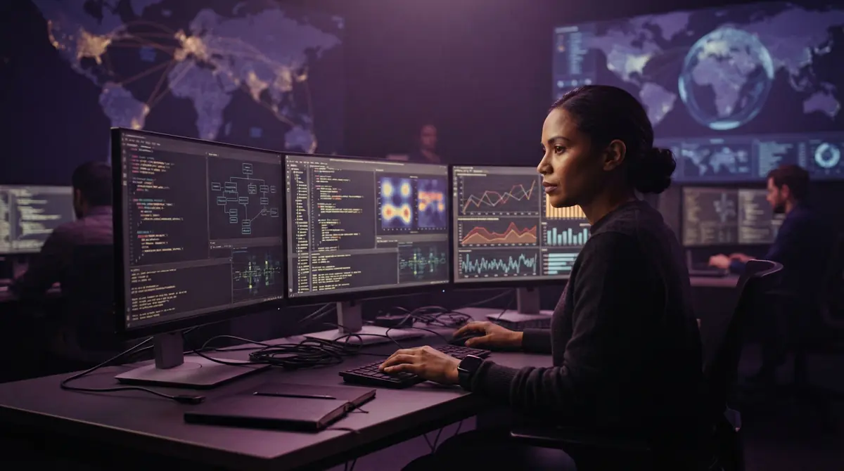 A software developer reviewing lines of security code on multiple screens in a security operations center.