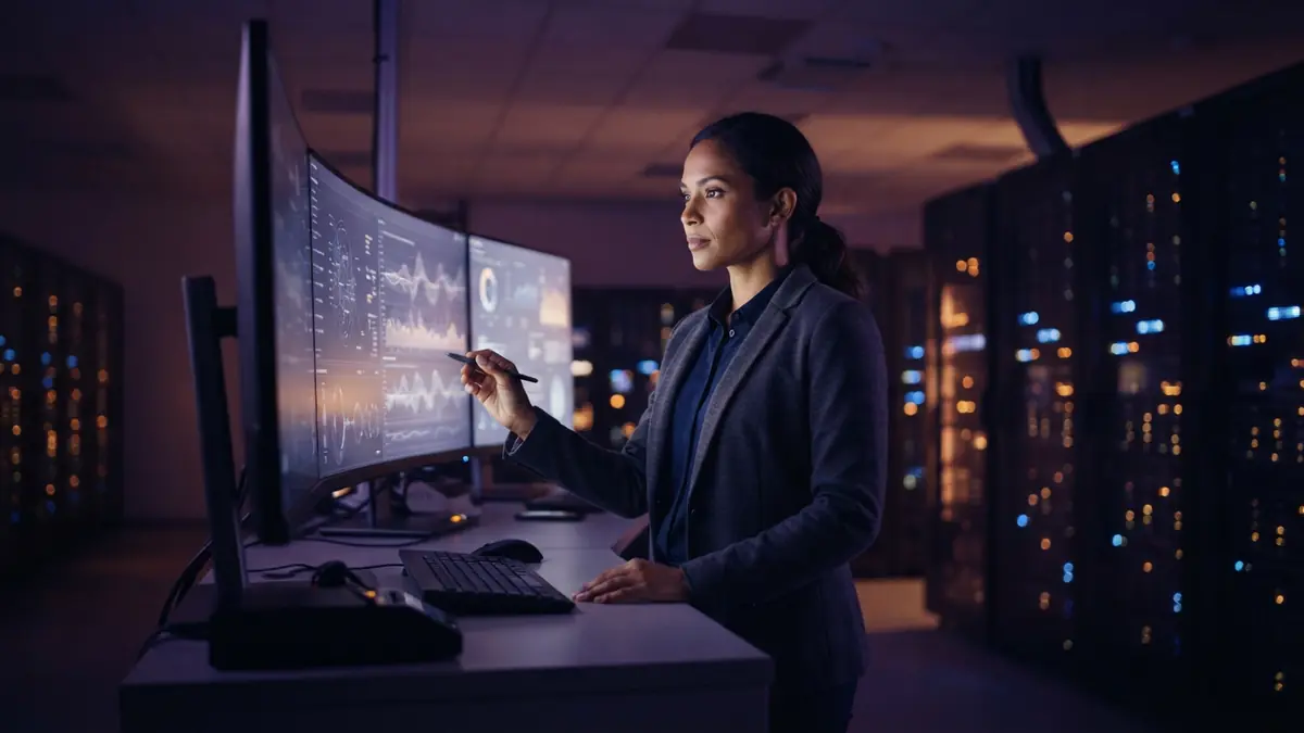 An AI researcher inspecting server status screens inside a European data center control room.