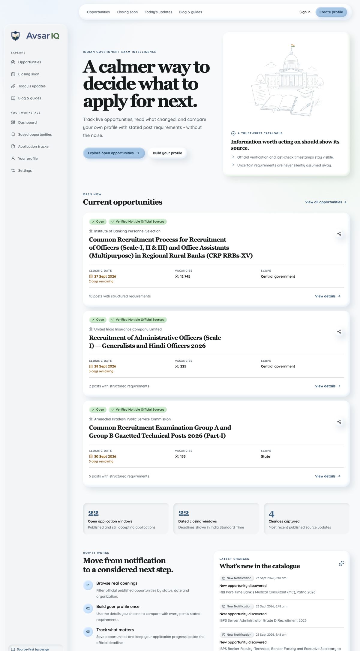 AvsarIQ home page: A calmer way to decide what to apply for next.